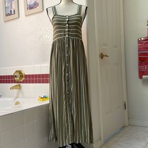 Olive Green And White Striped Sleeveless Maxi Dress